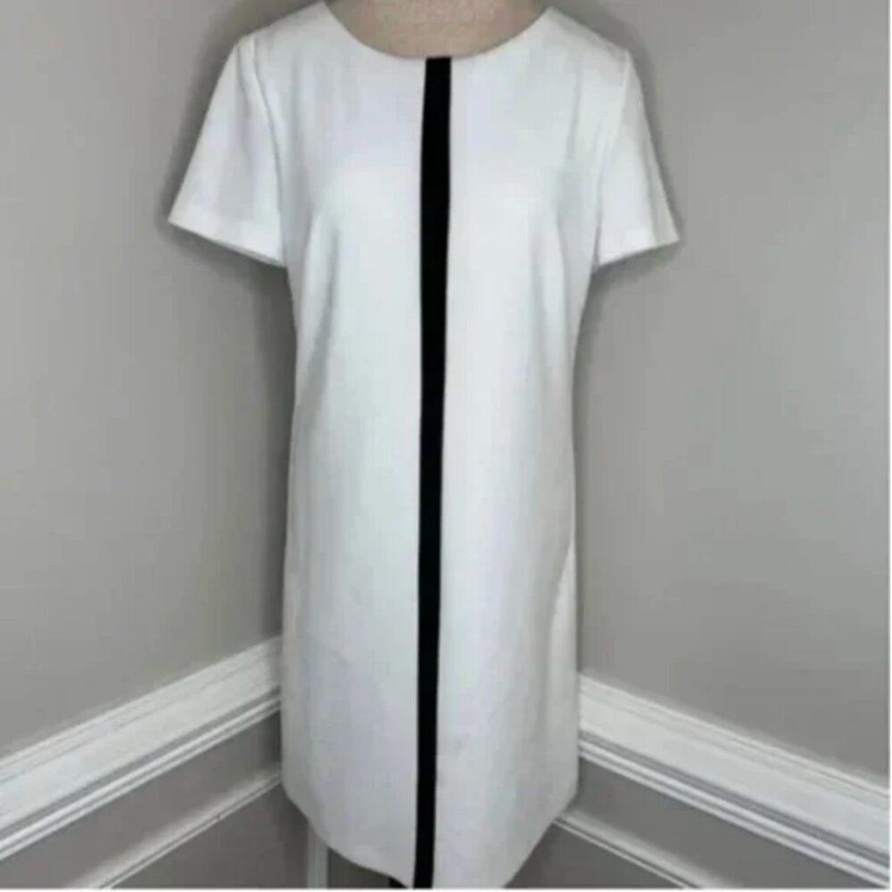Betsey Johnson White Shift Dress with Black Center Vertical Stripe Size 10
